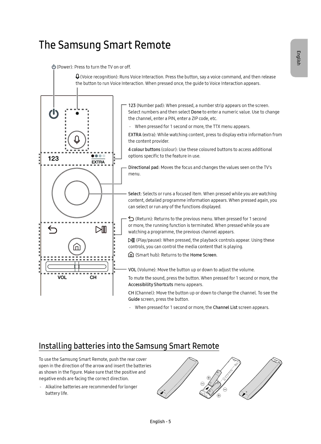 Samsung UE55KU6510SXXH, UE43KU6512UXXH, UE55KU6512UXXH manual Installing batteries into the Samsung Smart Remote 