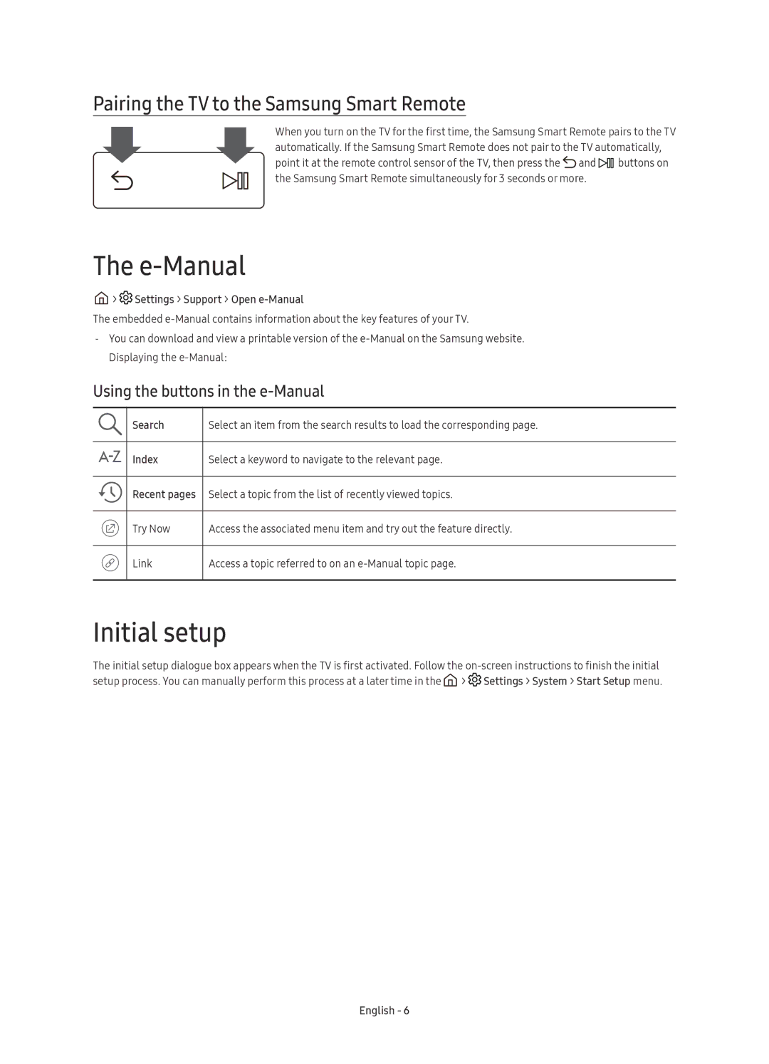 Samsung UE49KU6510SXXN E-Manual, Initial setup, Pairing the TV to the Samsung Smart Remote, Settings Support Open e-Manual 