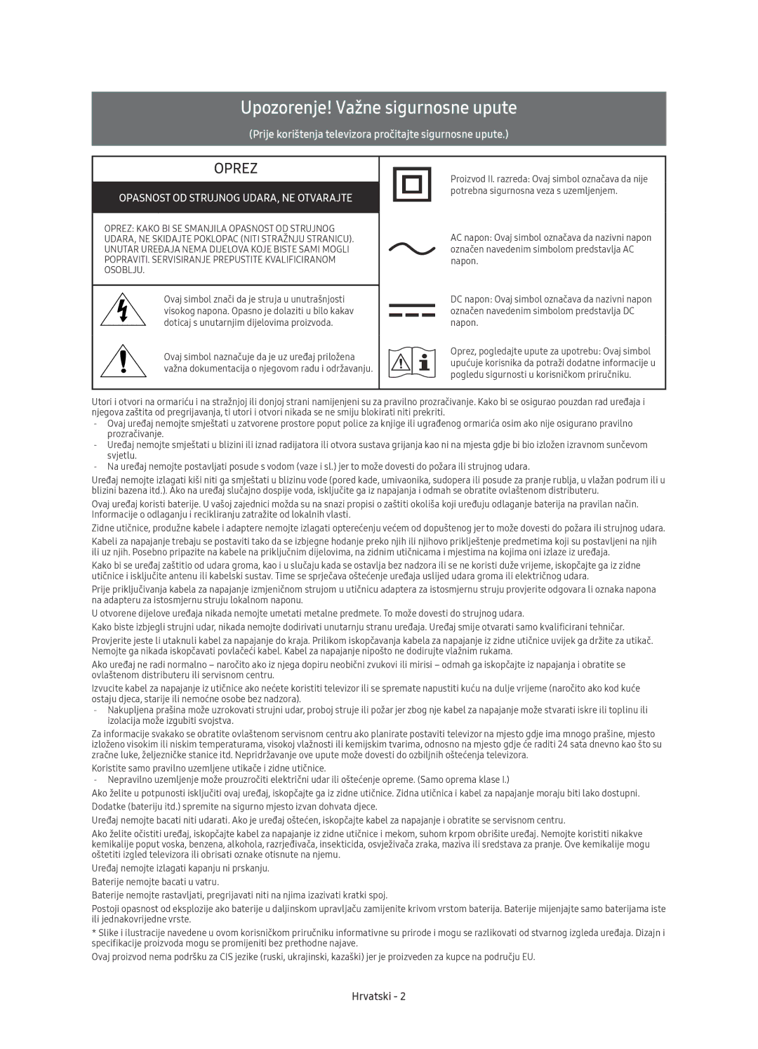 Samsung UE43KU6512UXXH manual Upozorenje! Važne sigurnosne upute, Opasnost OD Strujnog UDARA, NE Otvarajte, Hrvatski 