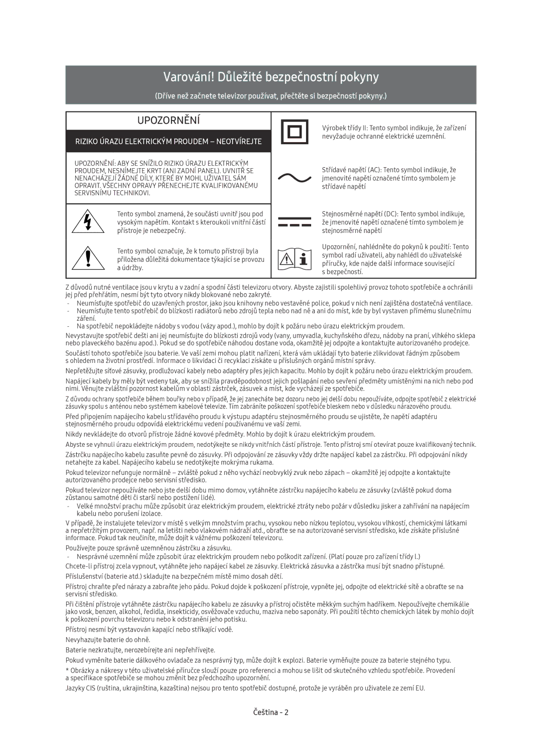 Samsung UE55KU6510SXXH manual Varování! Důležité bezpečnostní pokyny, Riziko Úrazu Elektrickým Proudem Neotvírejte, Čeština 