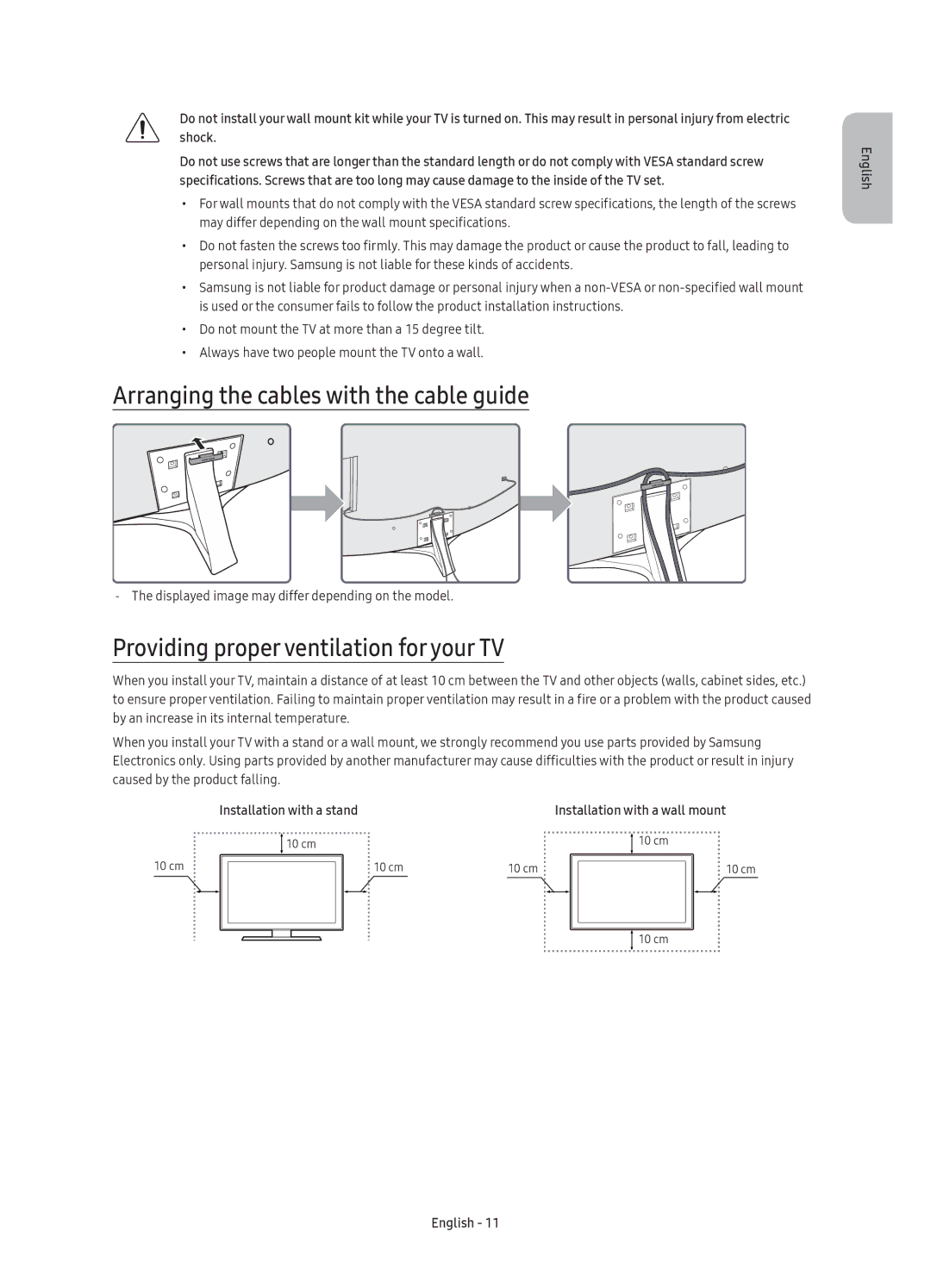 Samsung UE49KU6640UXXC, UE43KU6670UXXC Arranging the cables with the cable guide, Providing proper ventilation for your TV 