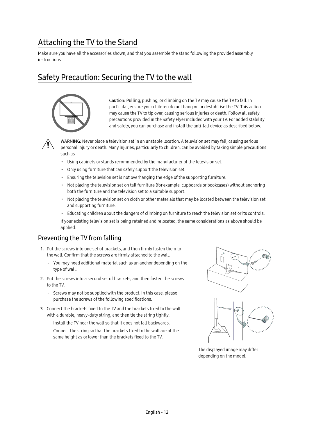 Samsung UE55KU6640UXXC, UE43KU6670UXXC manual Attaching the TV to the Stand, Safety Precaution Securing the TV to the wall 