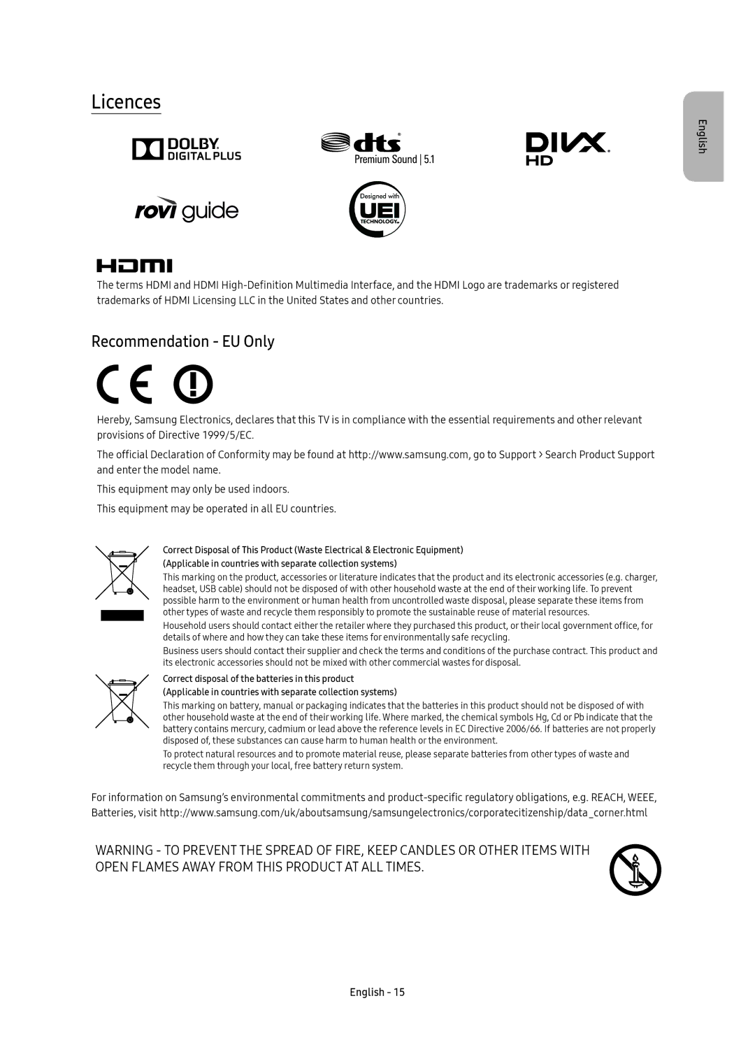 Samsung UE55KU6670UXXC, UE43KU6670UXXC, UE43KU6640UXXC, UE65KU6680UXXC, UE49KU6640UXXC manual Licences, Recommendation EU Only 