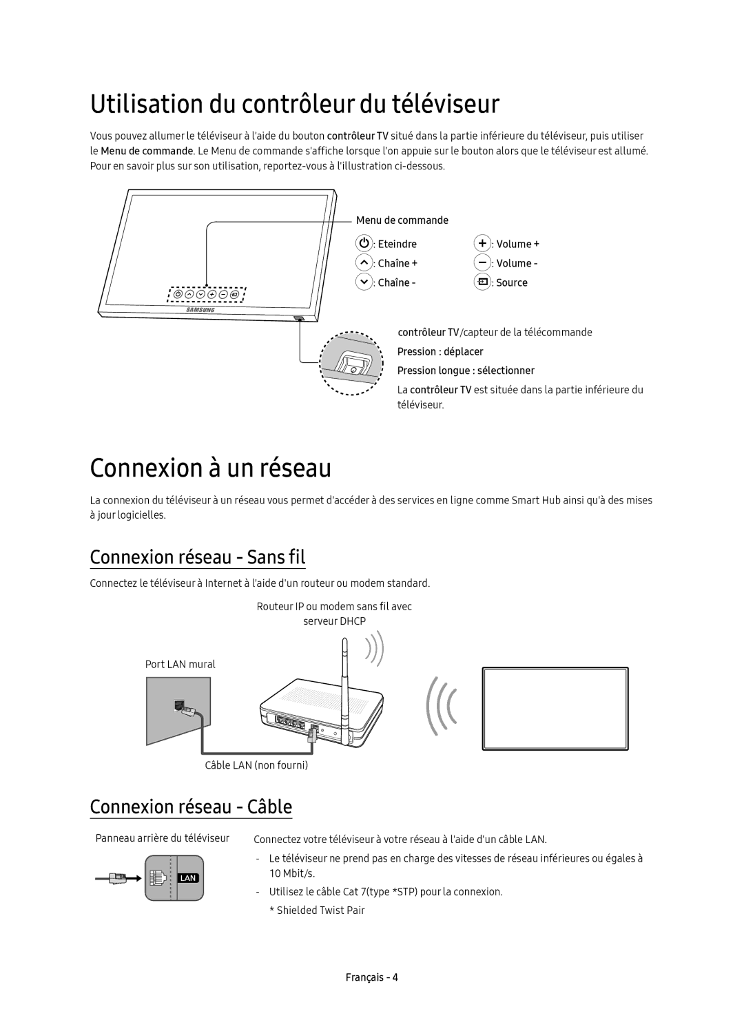 Samsung UE49KU6640UXXC manual Utilisation du contrôleur du téléviseur, Connexion à un réseau, Connexion réseau Sans fil 