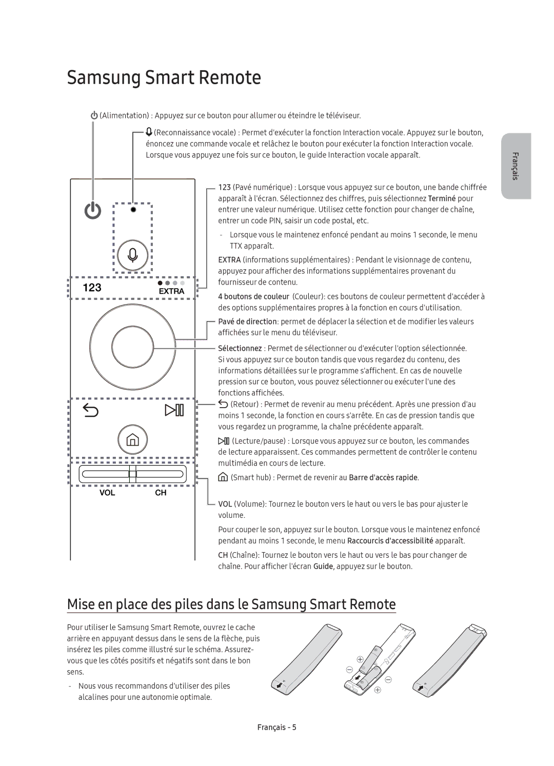 Samsung UE55KU6640UXXC, UE43KU6670UXXC, UE55KU6670UXXC manual Mise en place des piles dans le Samsung Smart Remote 