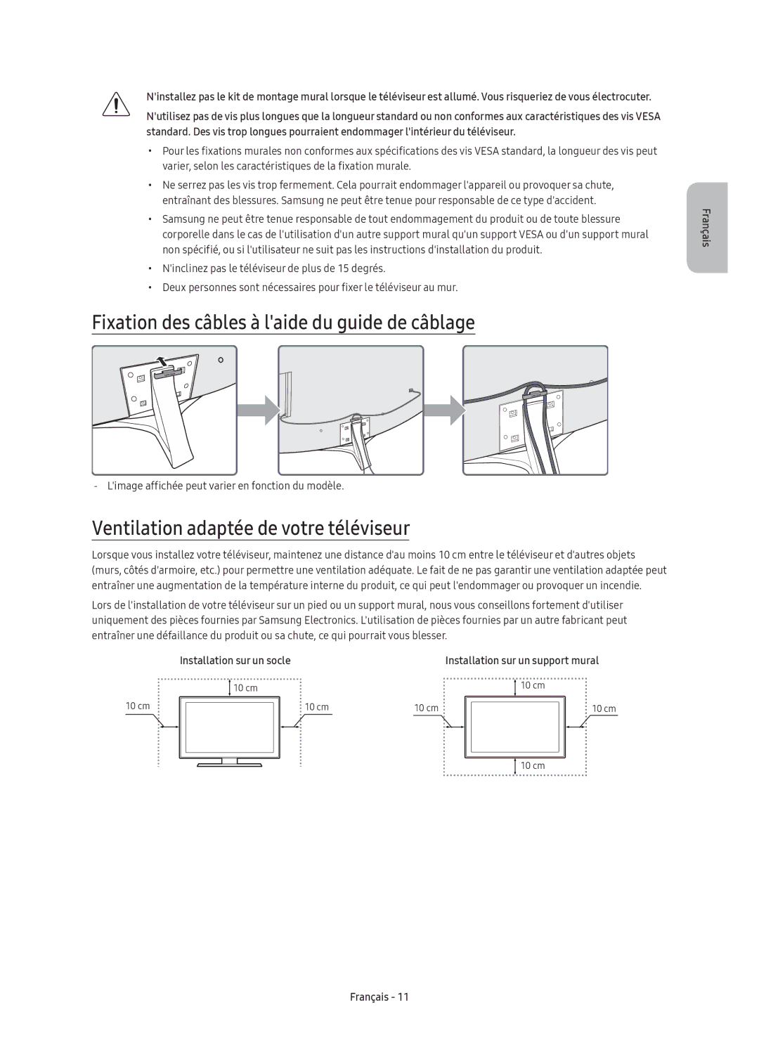 Samsung UE49KU6640UXXC manual Fixation des câbles à laide du guide de câblage, Ventilation adaptée de votre téléviseur 