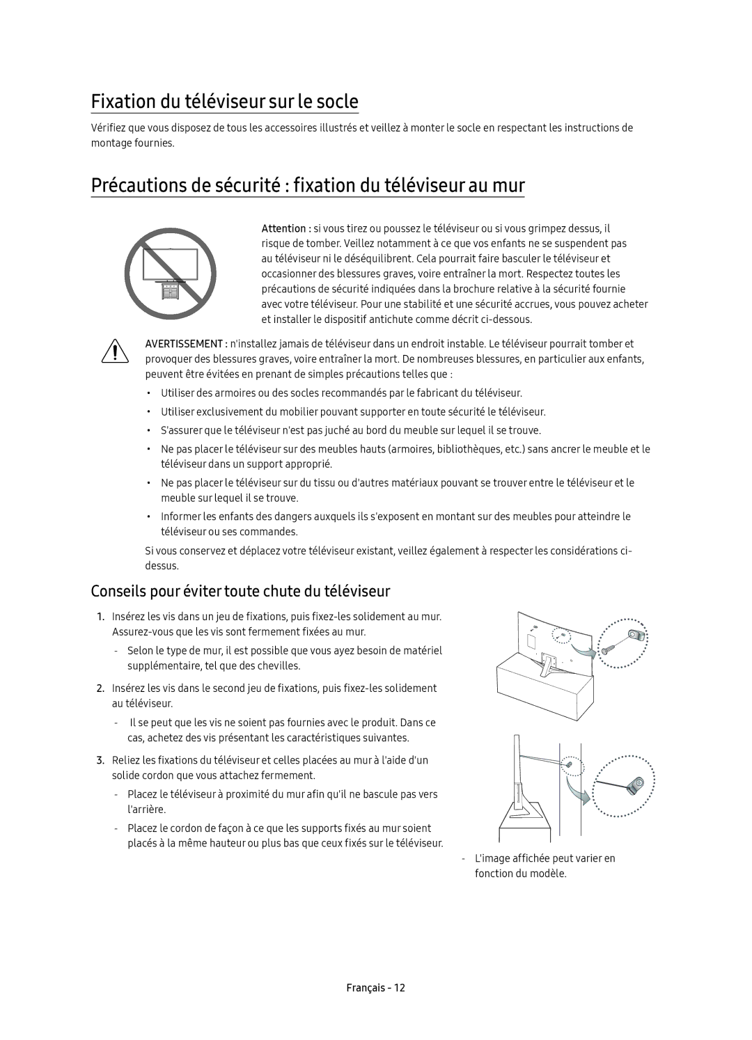 Samsung UE55KU6640UXXC manual Fixation du téléviseur sur le socle, Précautions de sécurité fixation du téléviseur au mur 