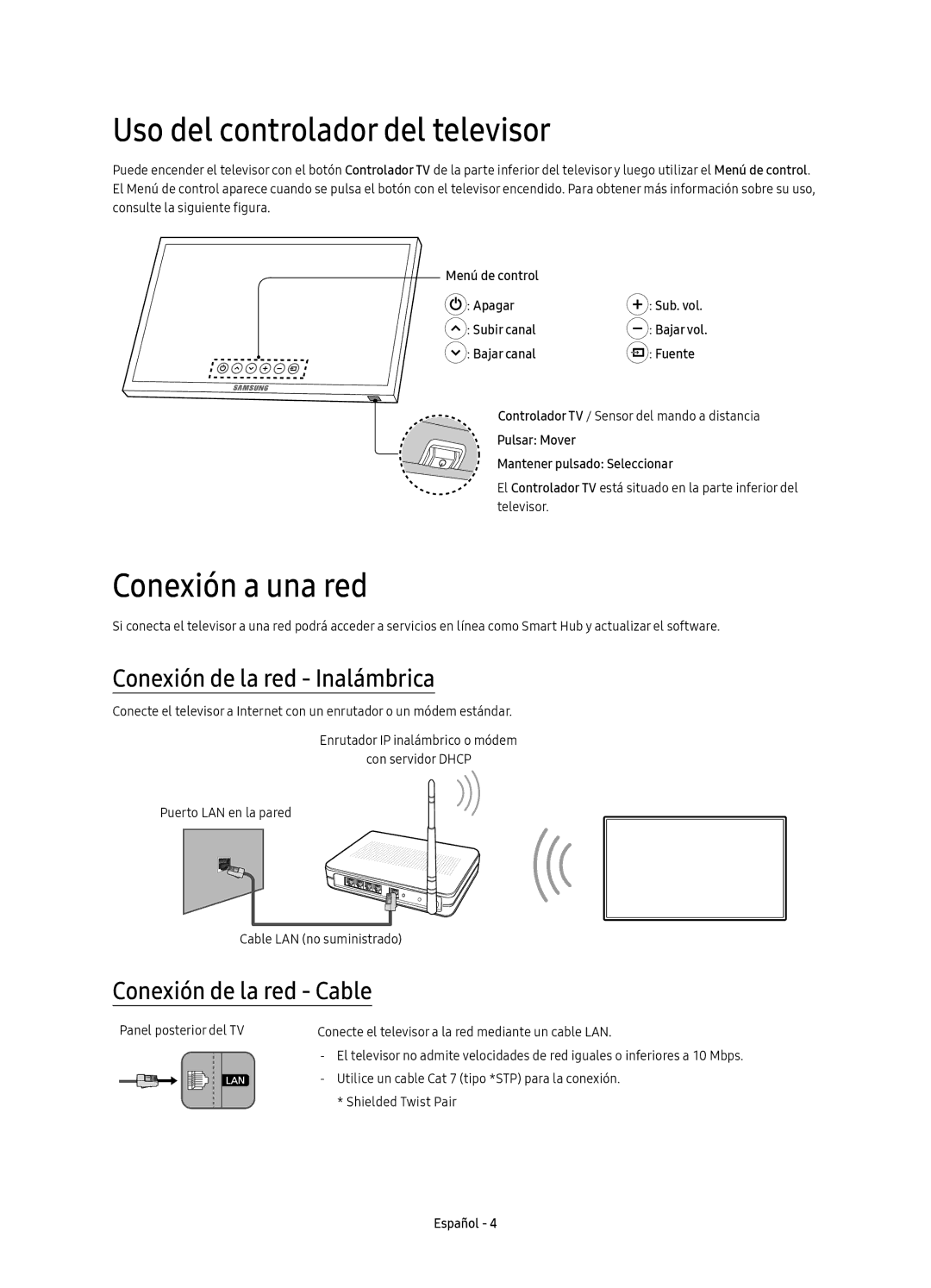 Samsung UE49KU6640UXXC manual Uso del controlador del televisor, Conexión a una red, Conexión de la red Inalámbrica 