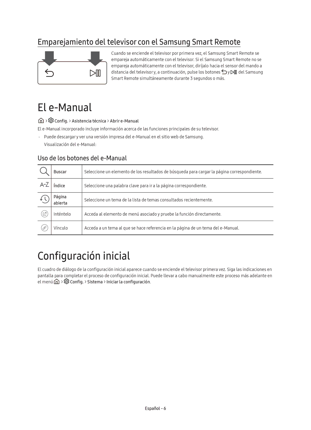 Samsung UE49KU6670UXXC manual El e-Manual, Configuración inicial, Emparejamiento del televisor con el Samsung Smart Remote 