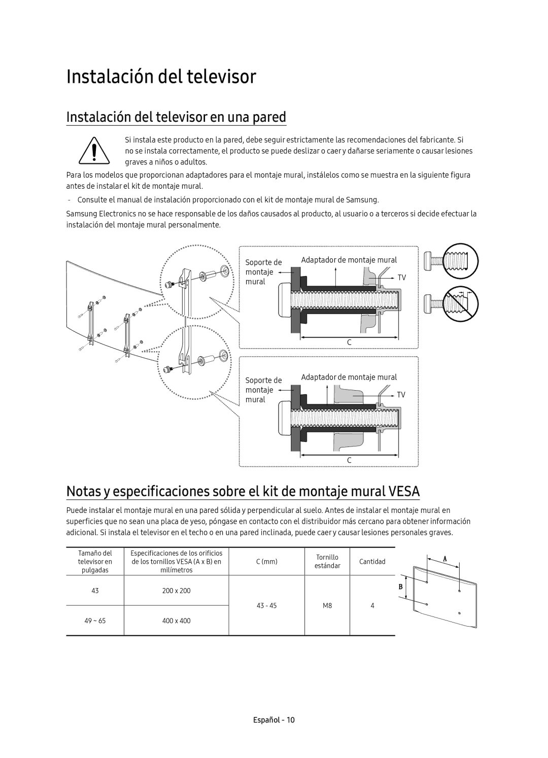 Samsung UE65KU6680UXXC, UE43KU6670UXXC, UE55KU6670UXXC, UE43KU6640UXXC manual Instalación del televisor en una pared 