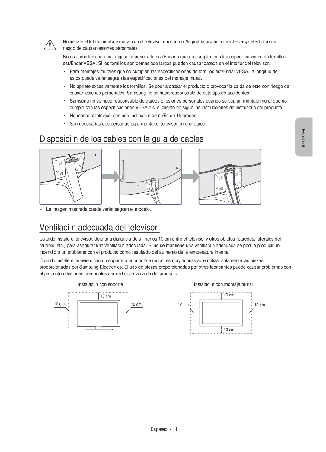 Samsung UE49KU6640UXXC, UE43KU6670UXXC Disposición de los cables con la guía de cables, Ventilación adecuada del televisor 