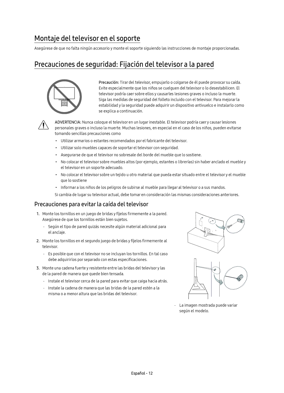 Samsung UE55KU6640UXXC Montaje del televisor en el soporte, Precauciones de seguridad Fijación del televisor a la pared 