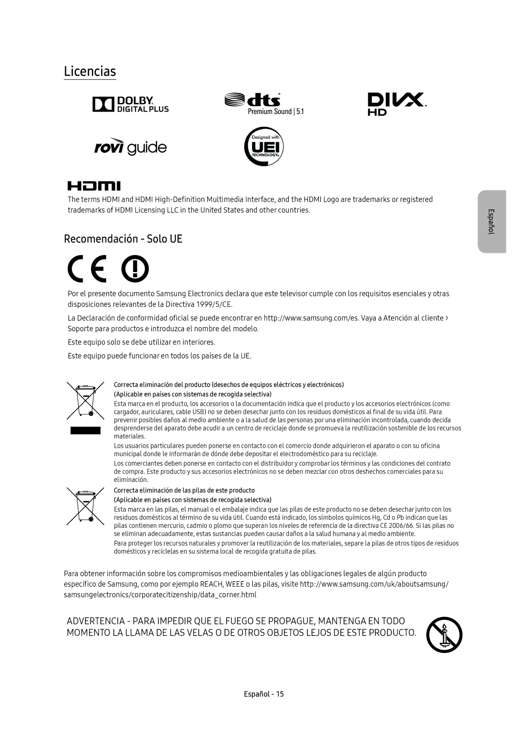 Samsung UE55KU6670UXXC, UE43KU6670UXXC, UE43KU6640UXXC, UE65KU6680UXXC, UE49KU6640UXXC manual Licencias, Recomendación Solo UE 