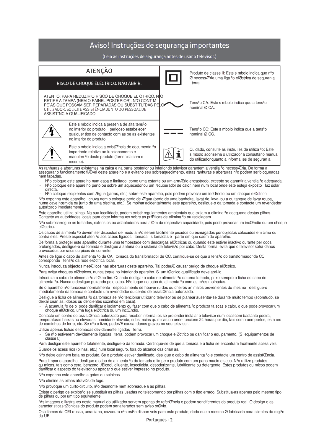 Samsung UE43KU6640UXXC, UE43KU6670UXXC, UE55KU6670UXXC, UE65KU6680UXXC manual Aviso! Instruções de segurança importantes 