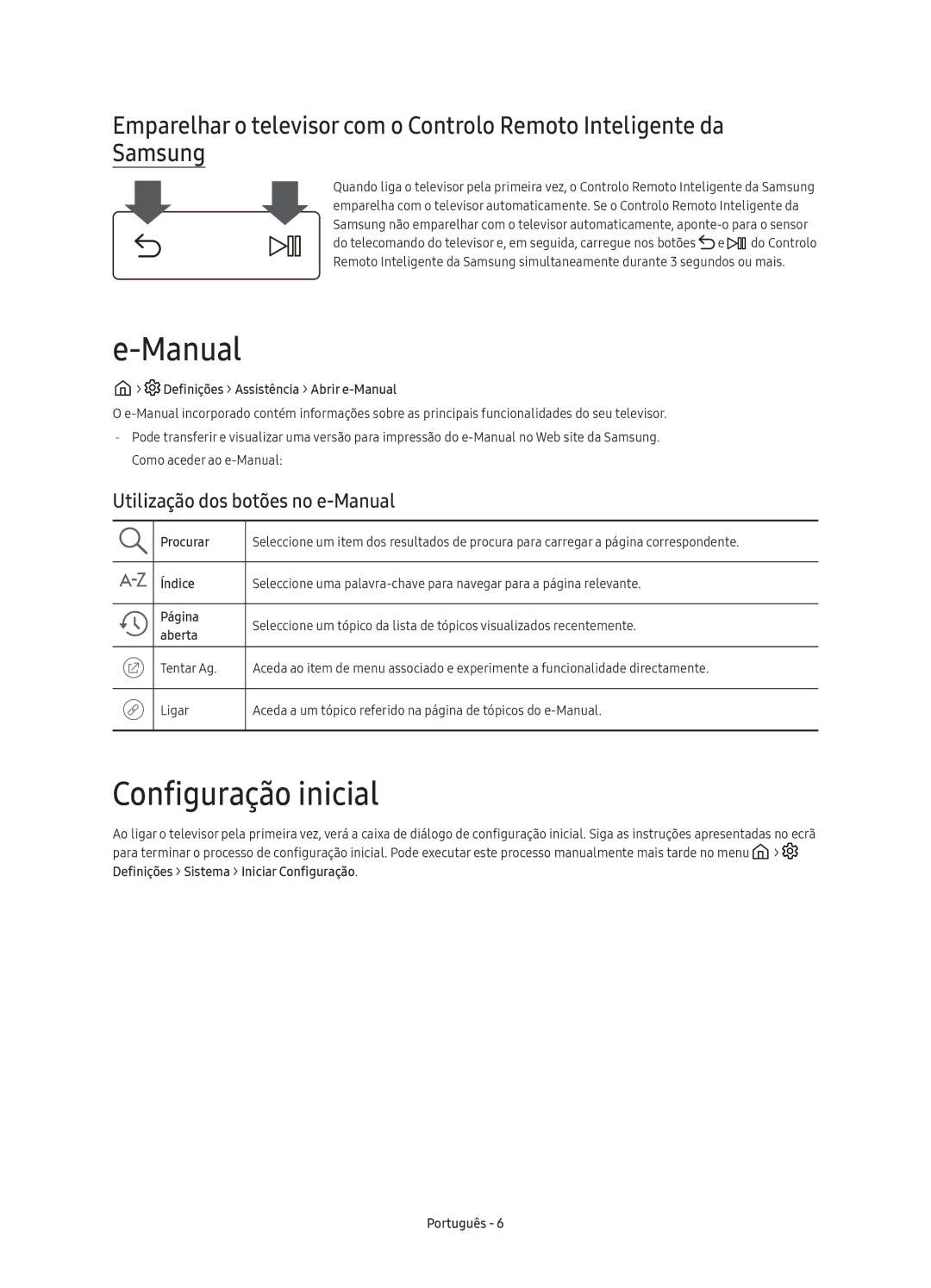 Samsung UE49KU6670UXXC, UE43KU6670UXXC, UE55KU6670UXXC manual Configuração inicial, Utilização dos botões no e-Manual 