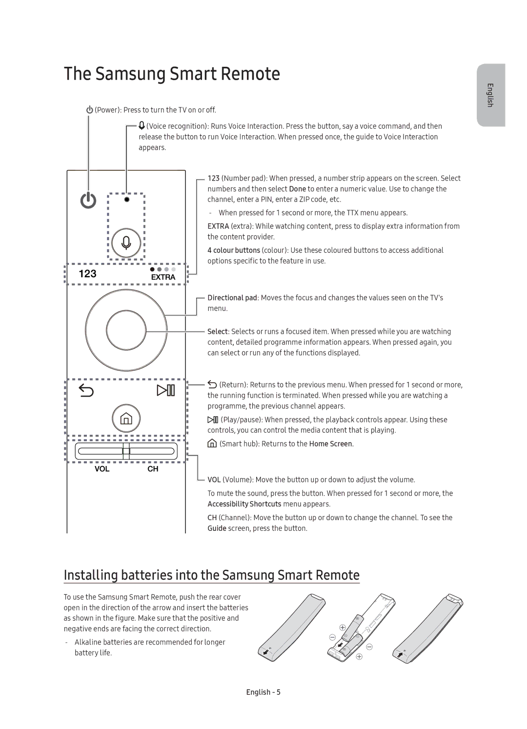 Samsung UE55KU6640UXXC, UE43KU6670UXXC, UE55KU6670UXXC manual Installing batteries into the Samsung Smart Remote 