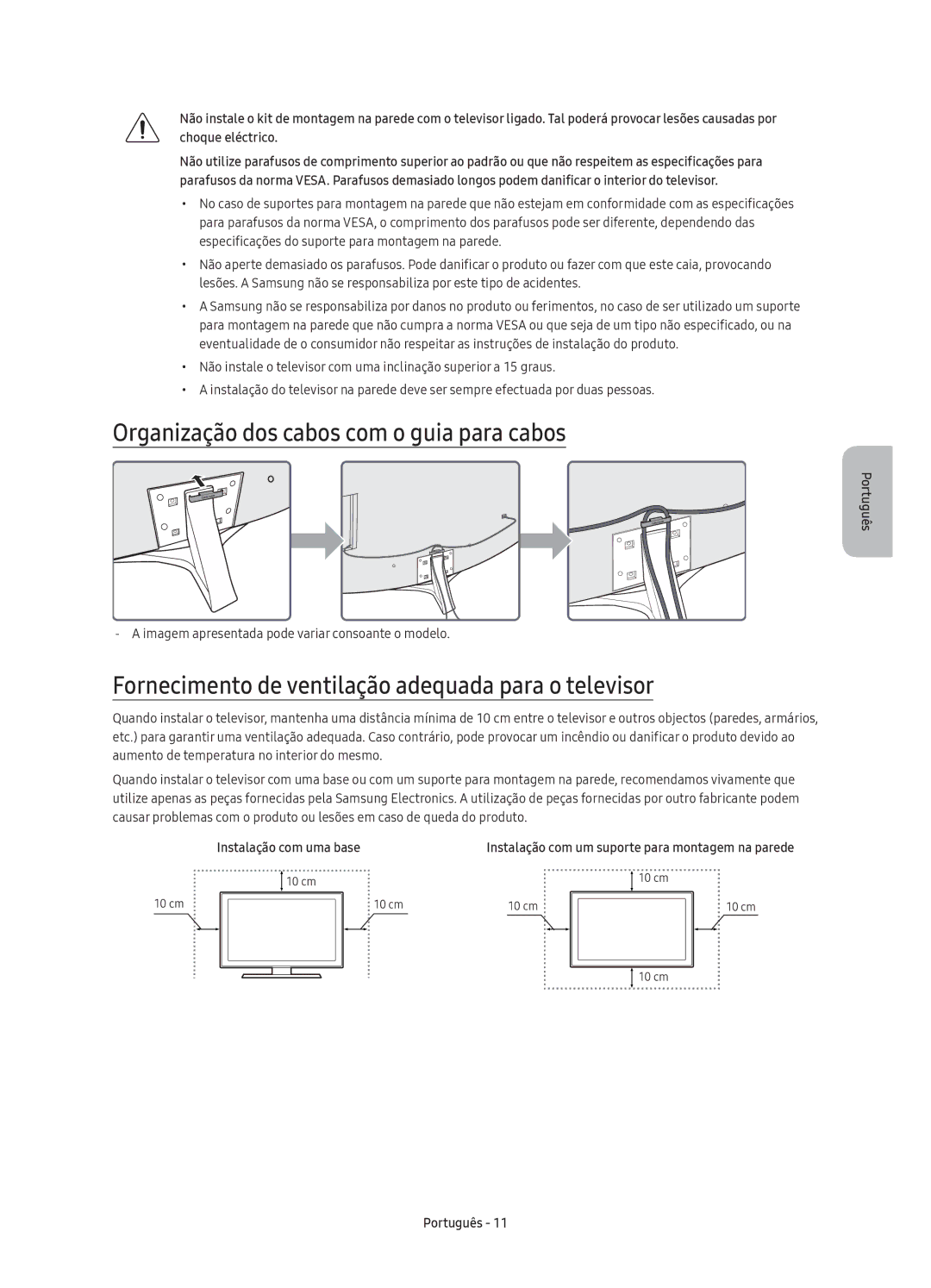 Samsung UE49KU6640UXXC Organização dos cabos com o guia para cabos, Fornecimento de ventilação adequada para o televisor 