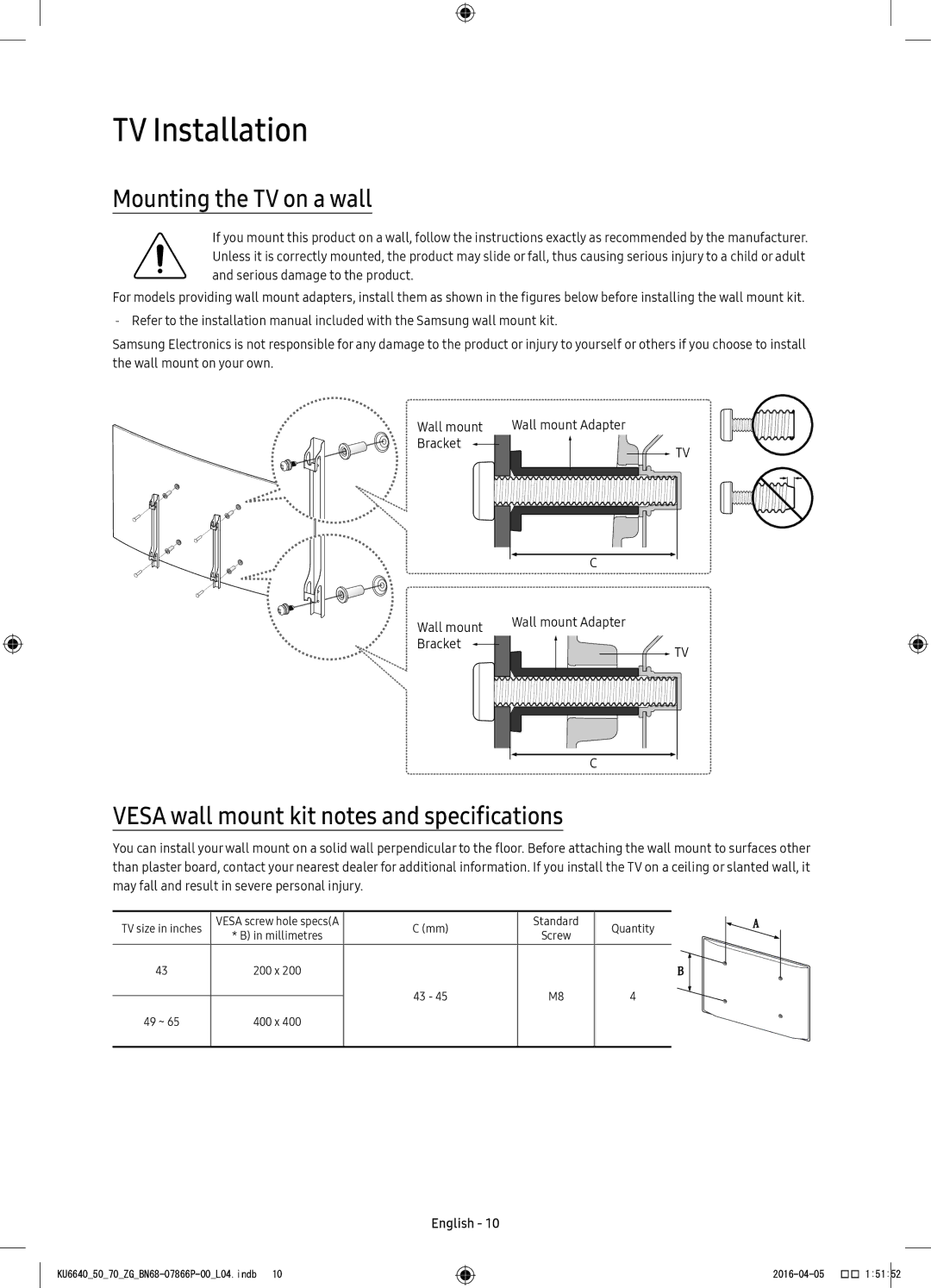 Samsung UE55KU6650UXZG manual TV Installation, Mounting the TV on a wall, Vesa wall mount kit notes and specifications 