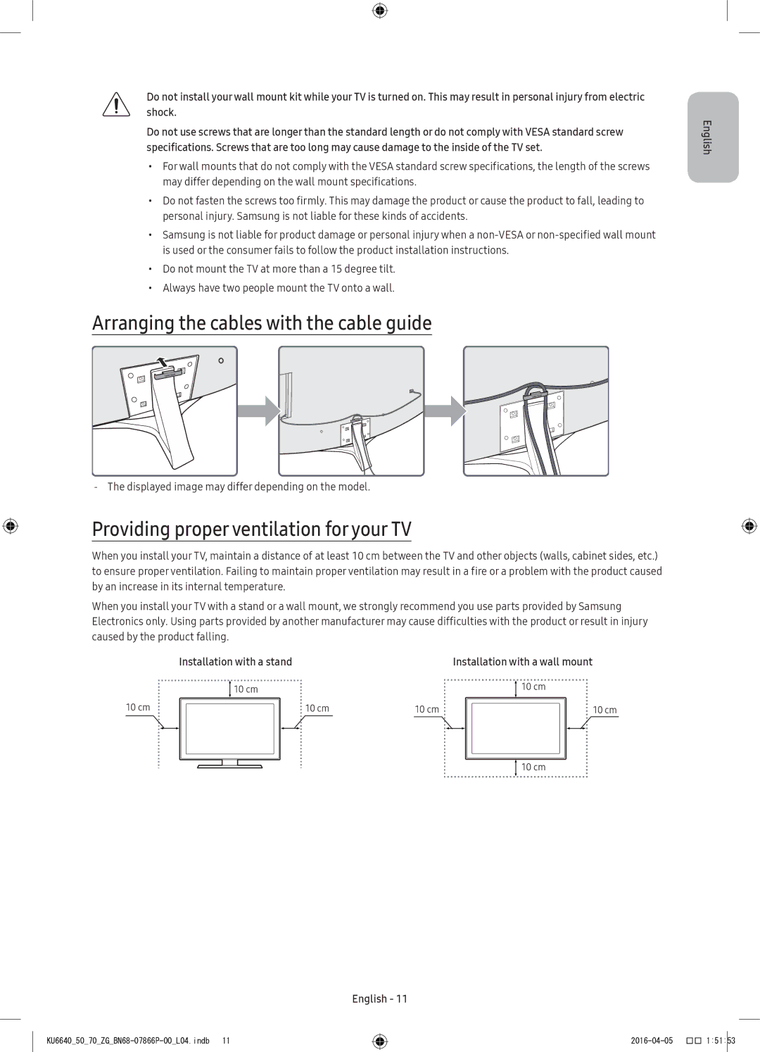 Samsung UE55KU6640UXZG, UE43KU6679UXZG Arranging the cables with the cable guide, Providing proper ventilation for your TV 