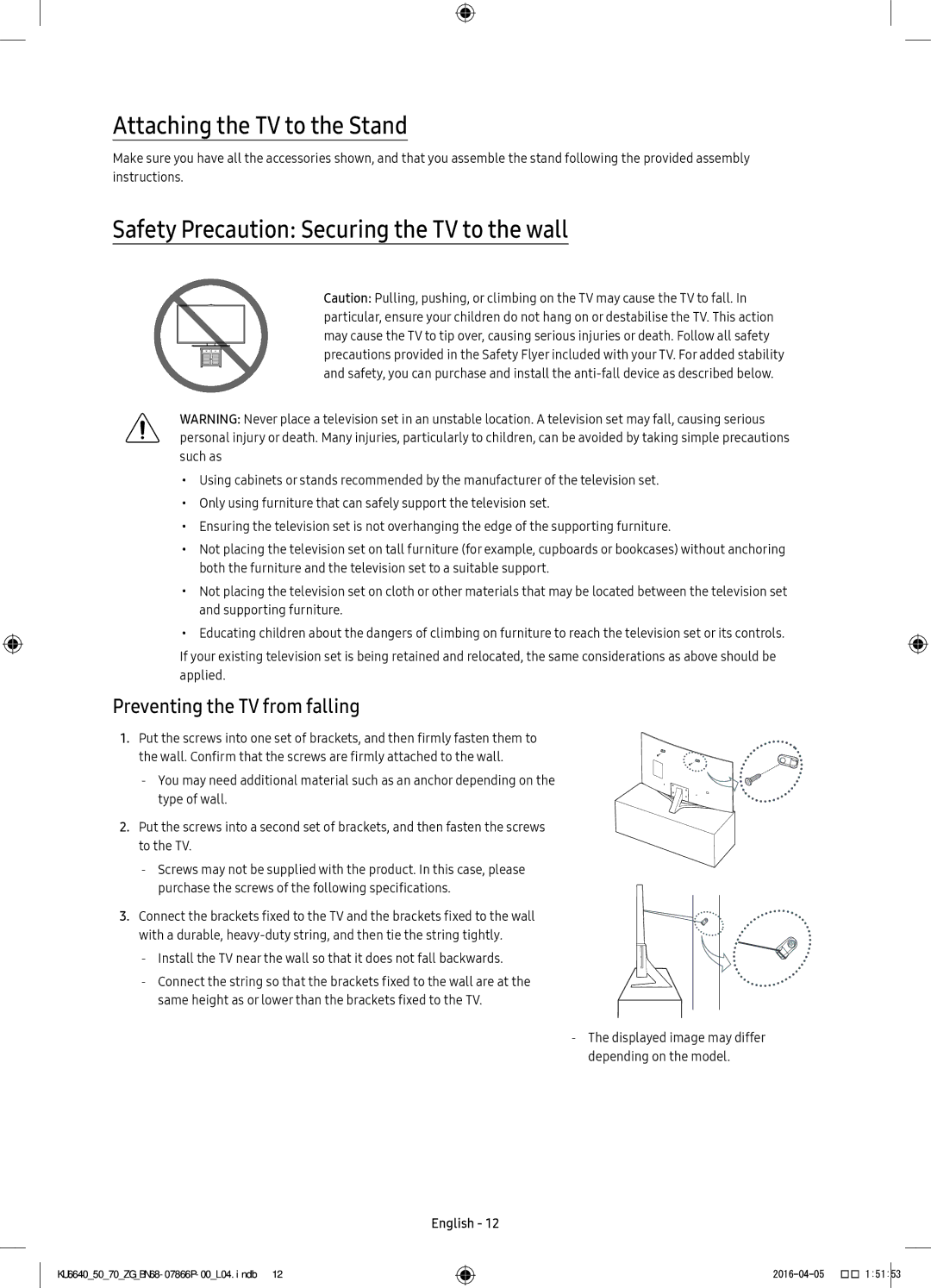 Samsung UE55KU6670UXZG, UE43KU6679UXZG manual Attaching the TV to the Stand, Safety Precaution Securing the TV to the wall 