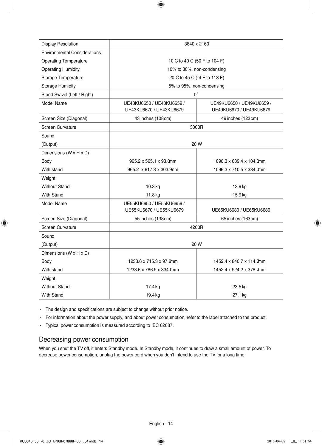 Samsung UE49KU6640UXZG, UE43KU6679UXZG, UE43KU6649UXZG, UE49KU6649UXZG, UE49KU6679UXZG manual Decreasing power consumption 