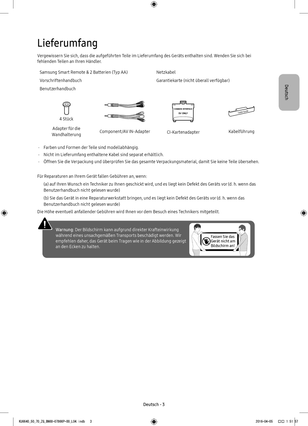 Samsung UE49KU6650UXZF, UE43KU6679UXZG, UE43KU6649UXZG, UE49KU6649UXZG, UE49KU6679UXZG, UE43KU6659UXZG manual Lieferumfang 