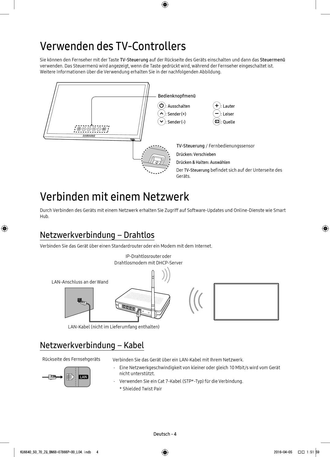 Samsung UE49KU6670UXZF manual Verwenden des TV-Controllers, Verbinden mit einem Netzwerk, Netzwerkverbindung Drahtlos 