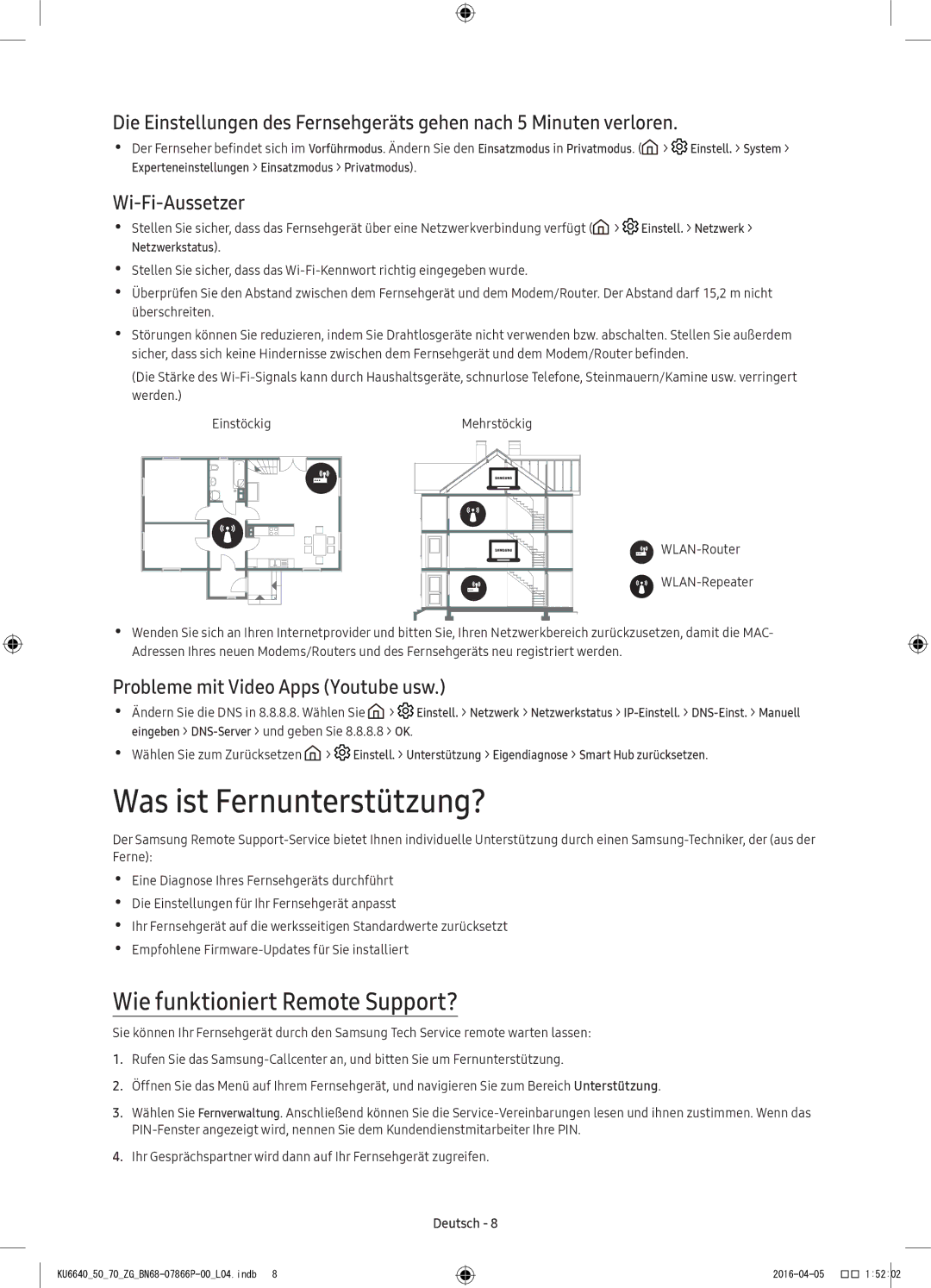 Samsung UE49KU6640UXZF, UE43KU6679UXZG manual Was ist Fernunterstützung?, Wie funktioniert Remote Support?, Wi-Fi-Aussetzer 