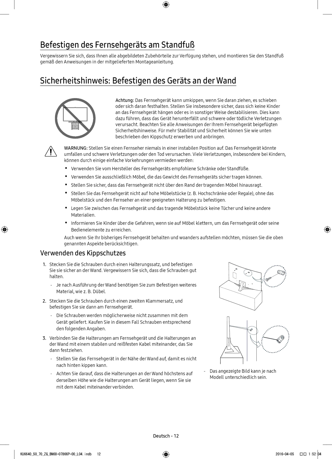 Samsung UE55KU6670UXXC Befestigen des Fernsehgeräts am Standfuß, Sicherheitshinweis Befestigen des Geräts an der Wand 