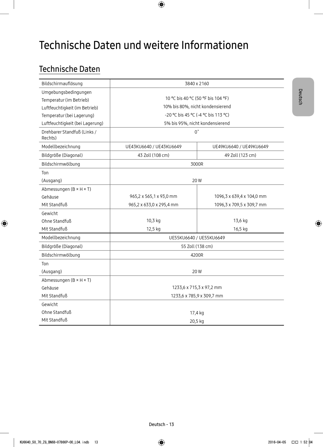 Samsung UE43KU6640UXXC, UE43KU6679UXZG, UE43KU6649UXZG, UE49KU6649UXZG manual Technische Daten und weitere Informationen 