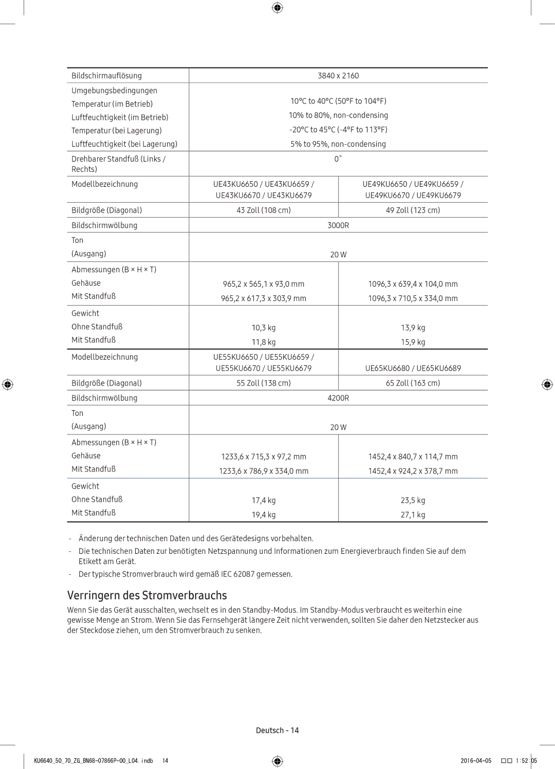 Samsung UE65KU6680UXXC, UE43KU6679UXZG, UE43KU6649UXZG, UE49KU6649UXZG, UE49KU6679UXZG manual Verringern des Stromverbrauchs 