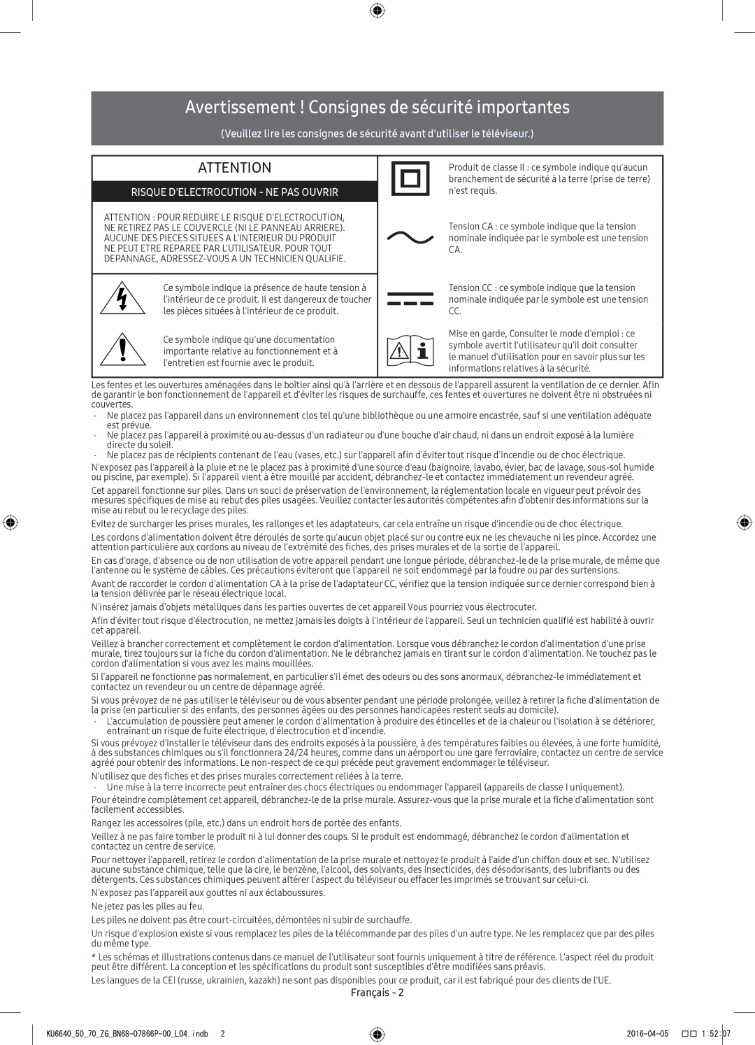 Samsung UE55KU6670UXXU, UE43KU6679UXZG, UE43KU6649UXZG, UE49KU6649UXZG Avertissement ! Consignes de sécurité importantes 