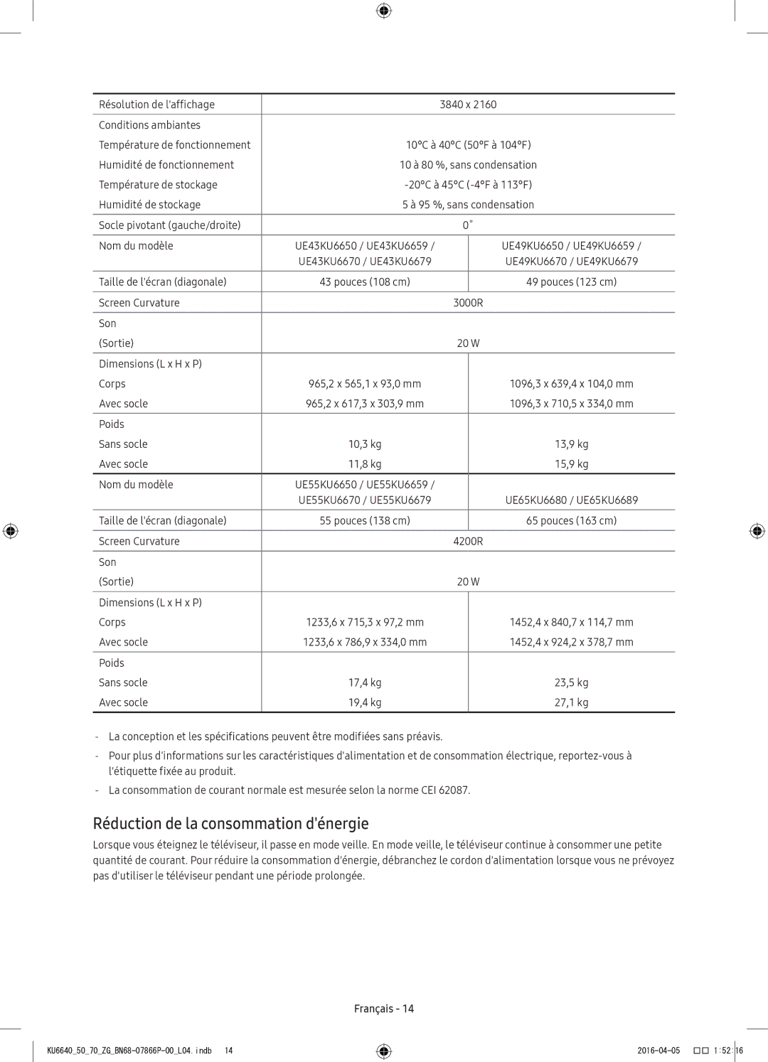 Samsung UE55KU6679UXZG, UE43KU6679UXZG, UE43KU6649UXZG, UE49KU6649UXZG, UE49KU6679UXZG Réduction de la consommation dénergie 