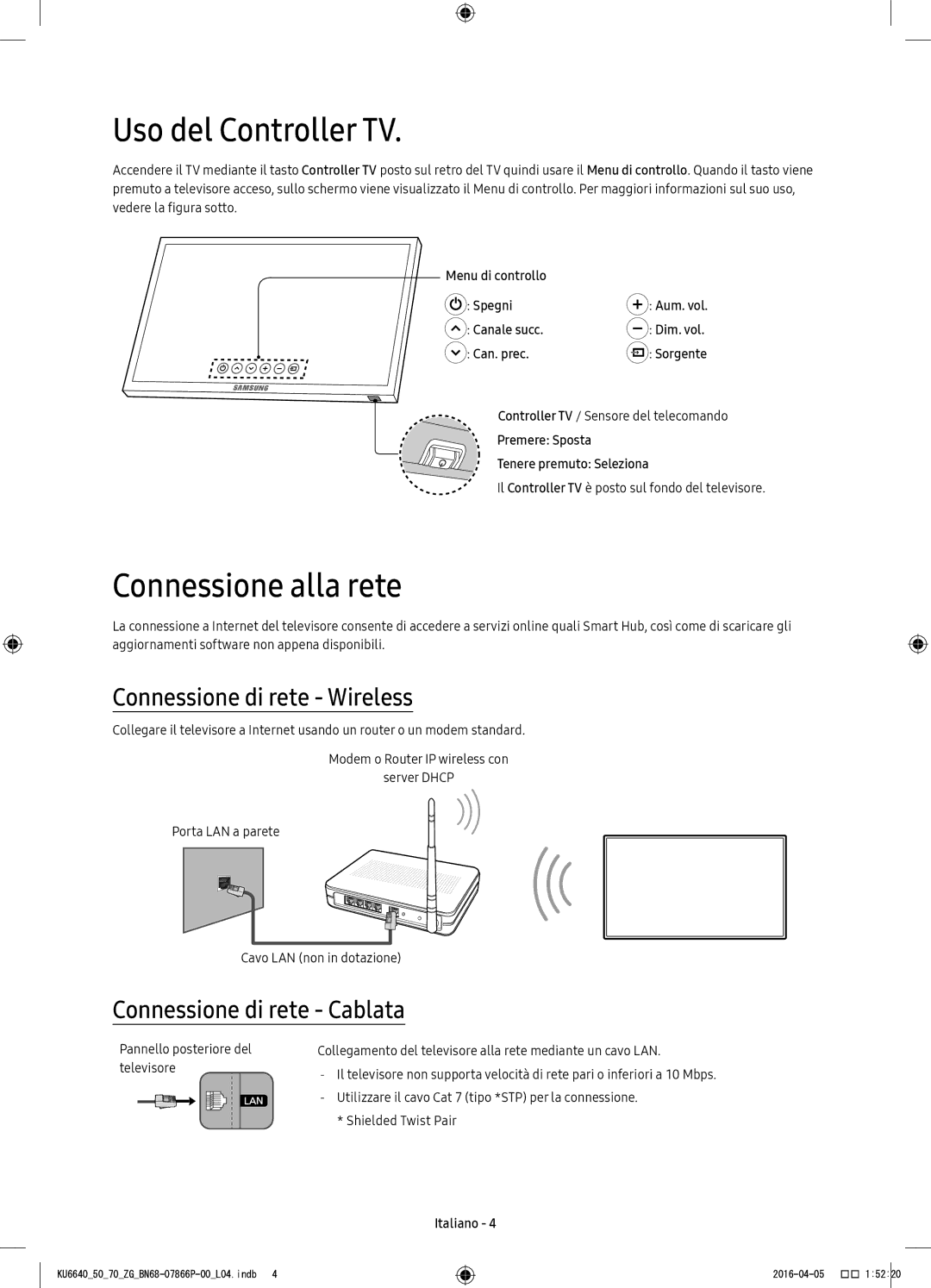 Samsung UE55KU6640UXZG, UE43KU6679UXZG manual Uso del Controller TV, Connessione alla rete, Connessione di rete Wireless 