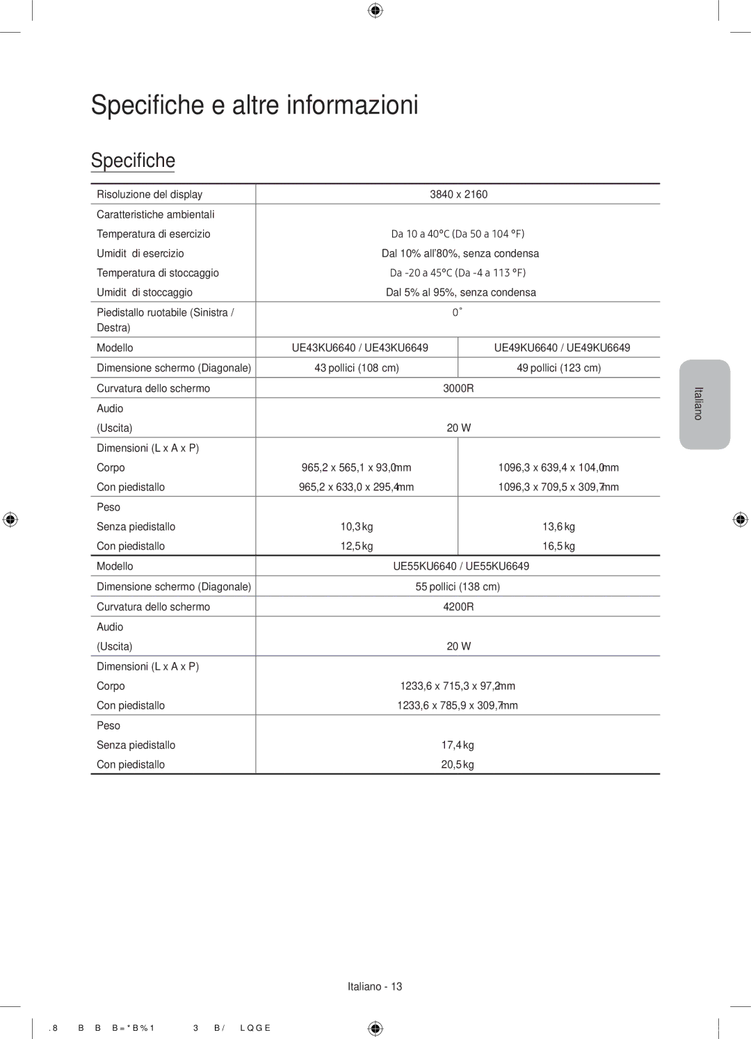 Samsung UE49KU6670UXZF, UE43KU6679UXZG, UE43KU6649UXZG, UE49KU6649UXZG, UE49KU6679UXZG manual Specifiche e altre informazioni 