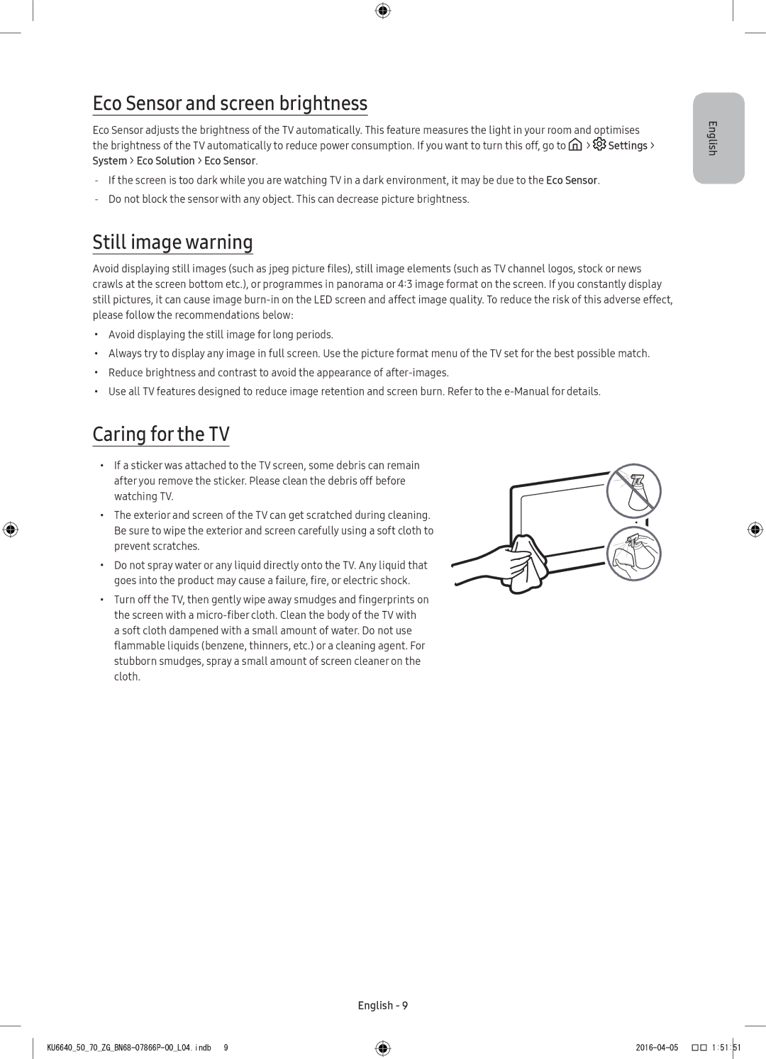 Samsung UE49KU6659UXZG, UE43KU6679UXZG manual Eco Sensor and screen brightness, Still image warning, Caring for the TV 