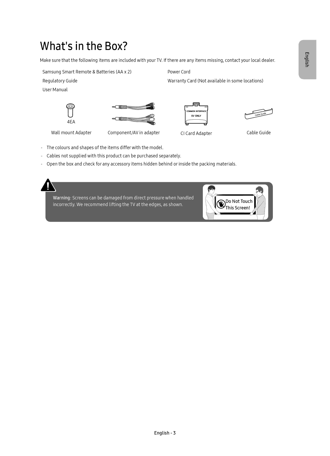 Samsung UE65KU7500UXSQ, UE43KU7500UXSQ manual Whats in the Box?, Component/AV in adapter CI Card Adapter 