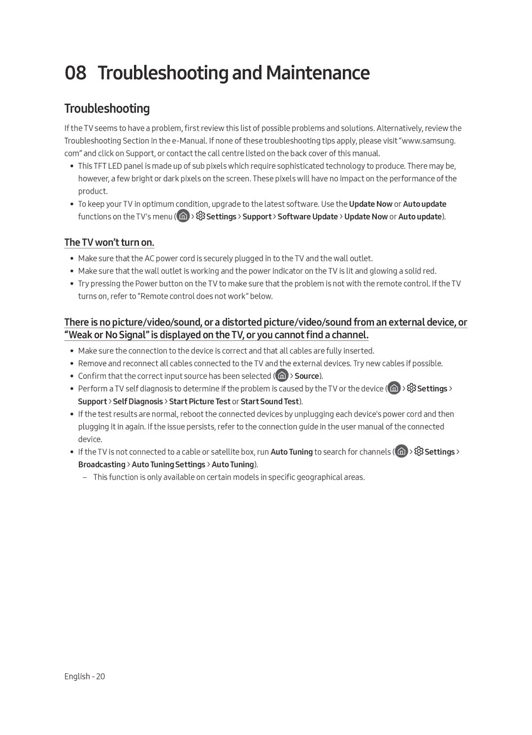 Samsung UE43LS003ASXXN manual Troubleshooting and Maintenance, TV won’t turn on 