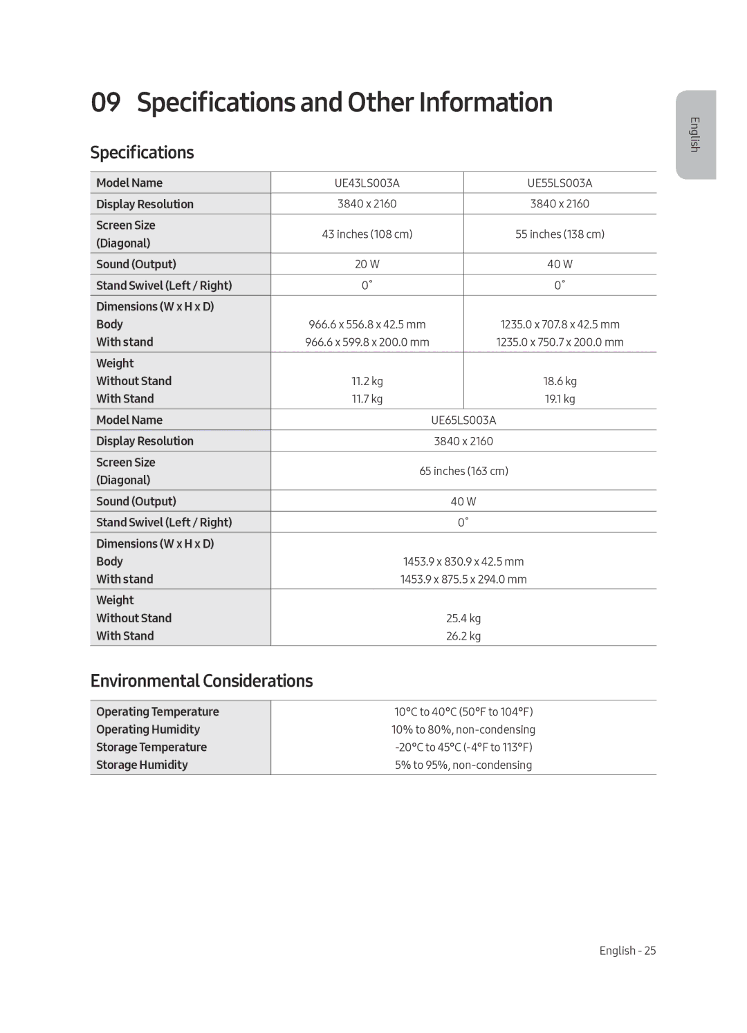 Samsung UE43LS003ASXXN manual Specifications and Other Information, Environmental Considerations 