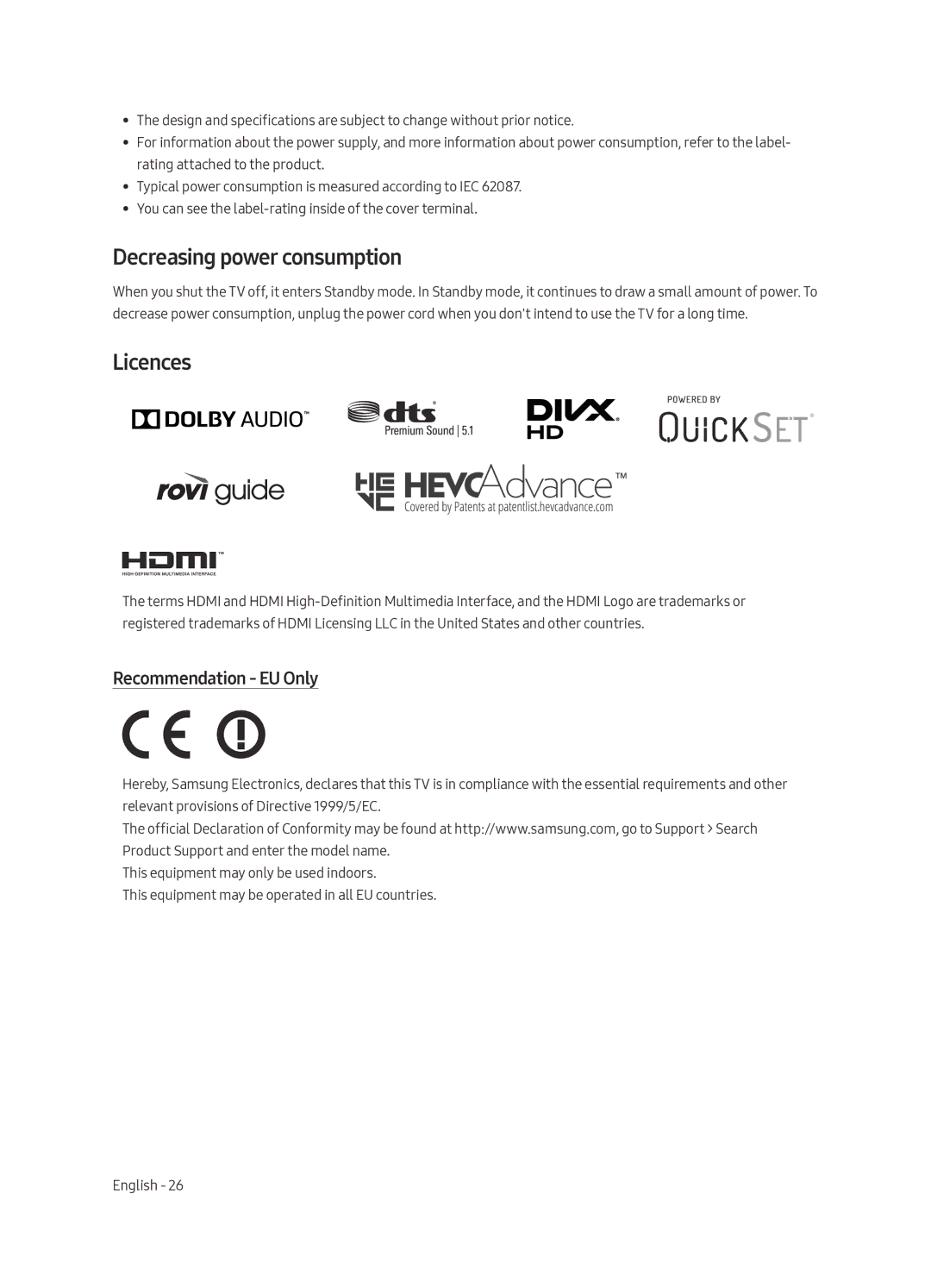 Samsung UE43LS003ASXXN manual Decreasing power consumption, Licences, Recommendation EU Only 