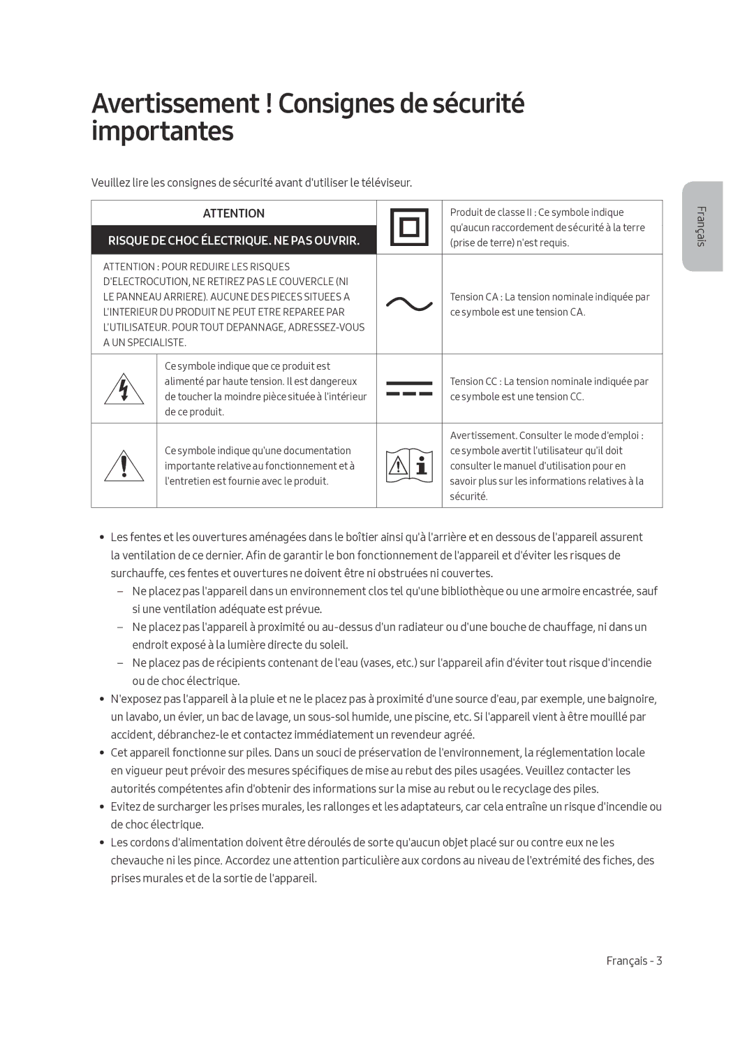 Samsung UE43LS003ASXXN manual Avertissement ! Consignes de sécurité importantes, Risque DE Choc ÉLECTRIQUE. NE PAS Ouvrir 