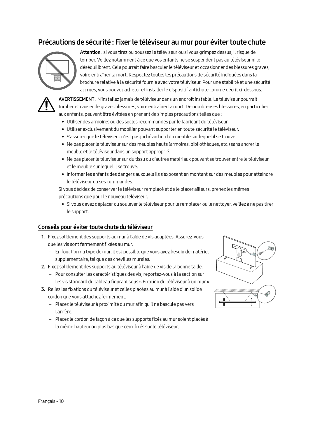 Samsung UE43LS003ASXXN manual Conseils pour éviter toute chute du téléviseur 