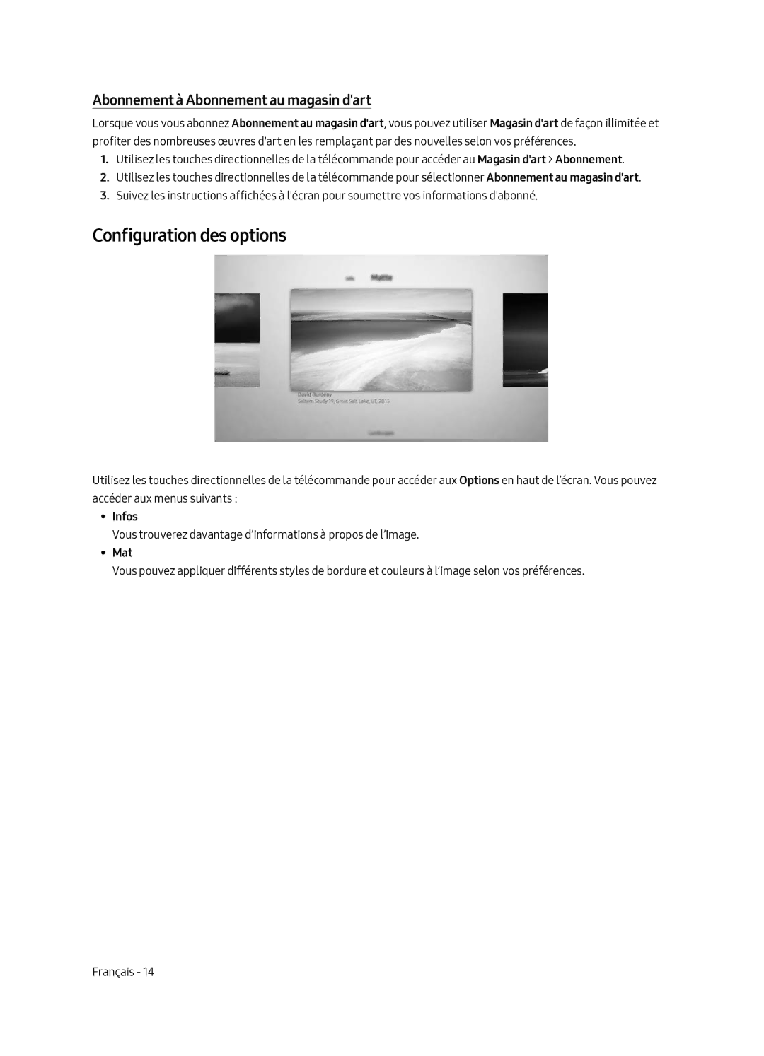 Samsung UE43LS003ASXXN manual Configuration des options, Abonnement à Abonnement au magasin dart, Infos 