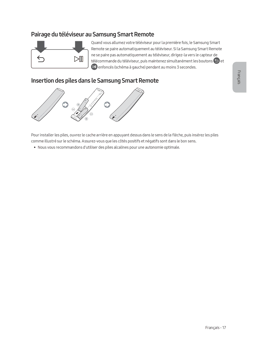 Samsung UE43LS003ASXXN Pairage du téléviseur au Samsung Smart Remote, Insertion des piles dans le Samsung Smart Remote 