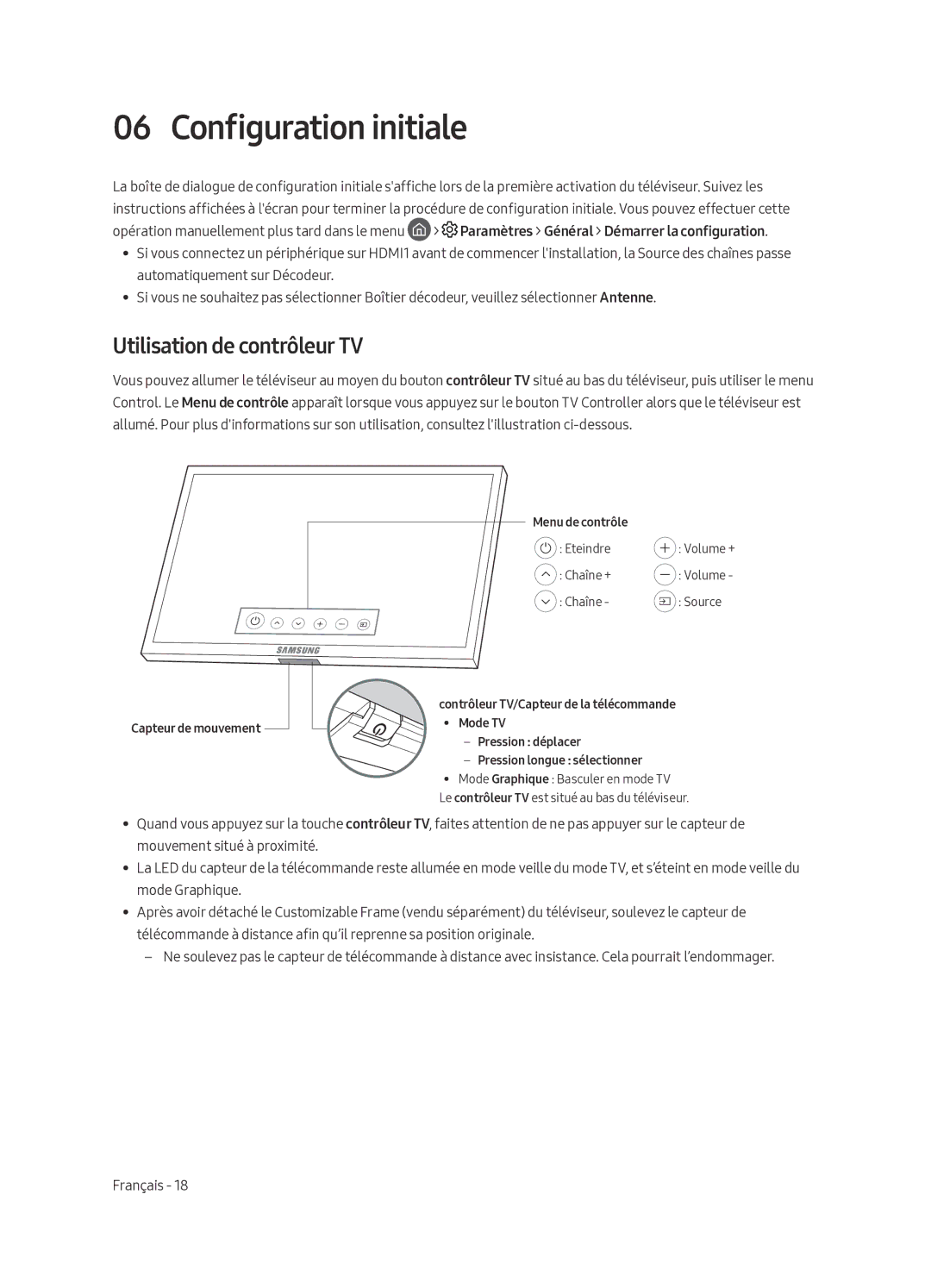 Samsung UE43LS003ASXXN manual Configuration initiale, Utilisation de contrôleur TV 