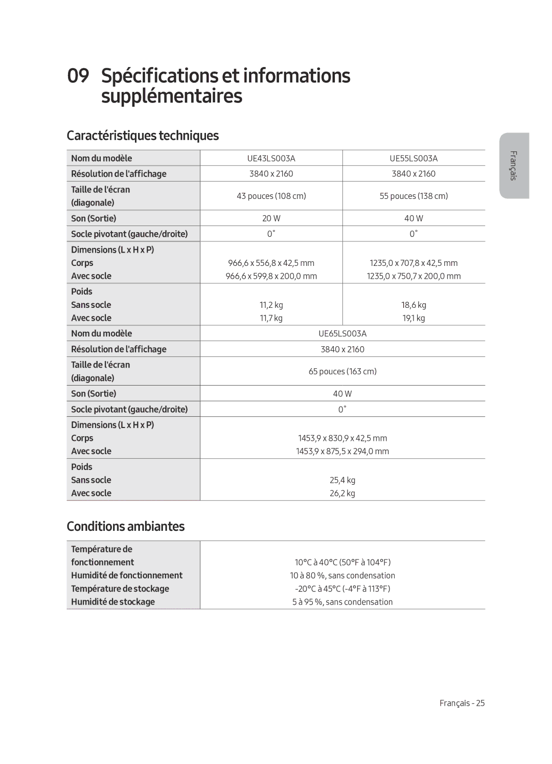 Samsung UE43LS003ASXXN manual Caractéristiques techniques, Conditions ambiantes 