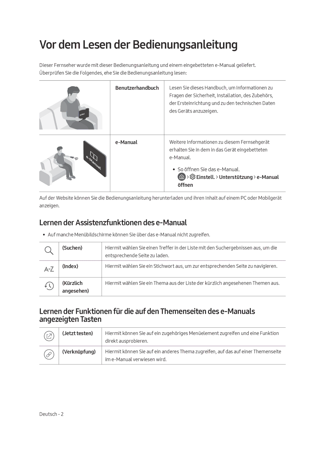 Samsung UE43LS003ASXXN manual Vor dem Lesen der Bedienungsanleitung, Lernen der Assistenzfunktionen des e-Manual 