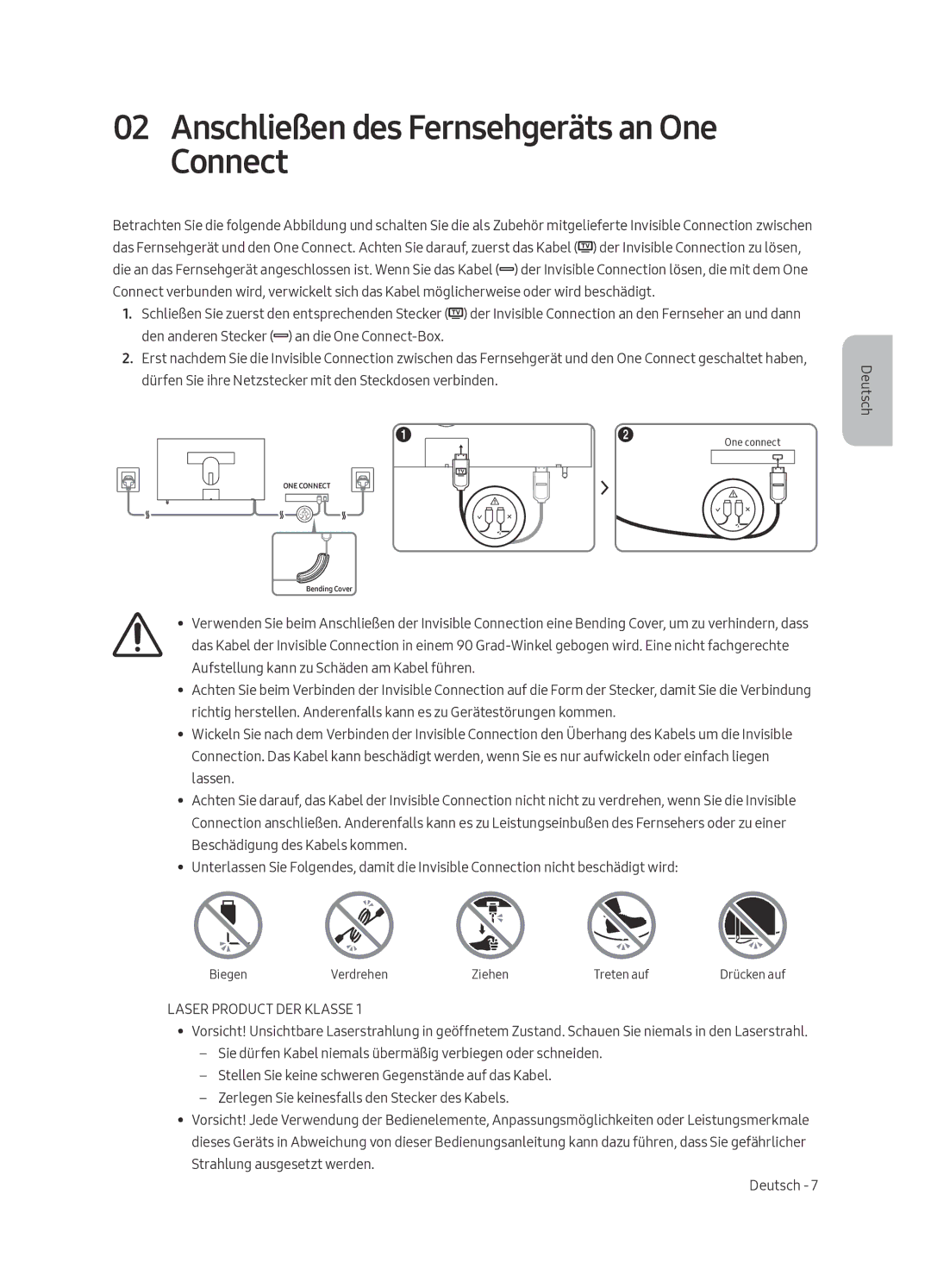 Samsung UE43LS003ASXXN manual Anschließen des Fernsehgeräts an One Connect, Laser Product DER Klasse 