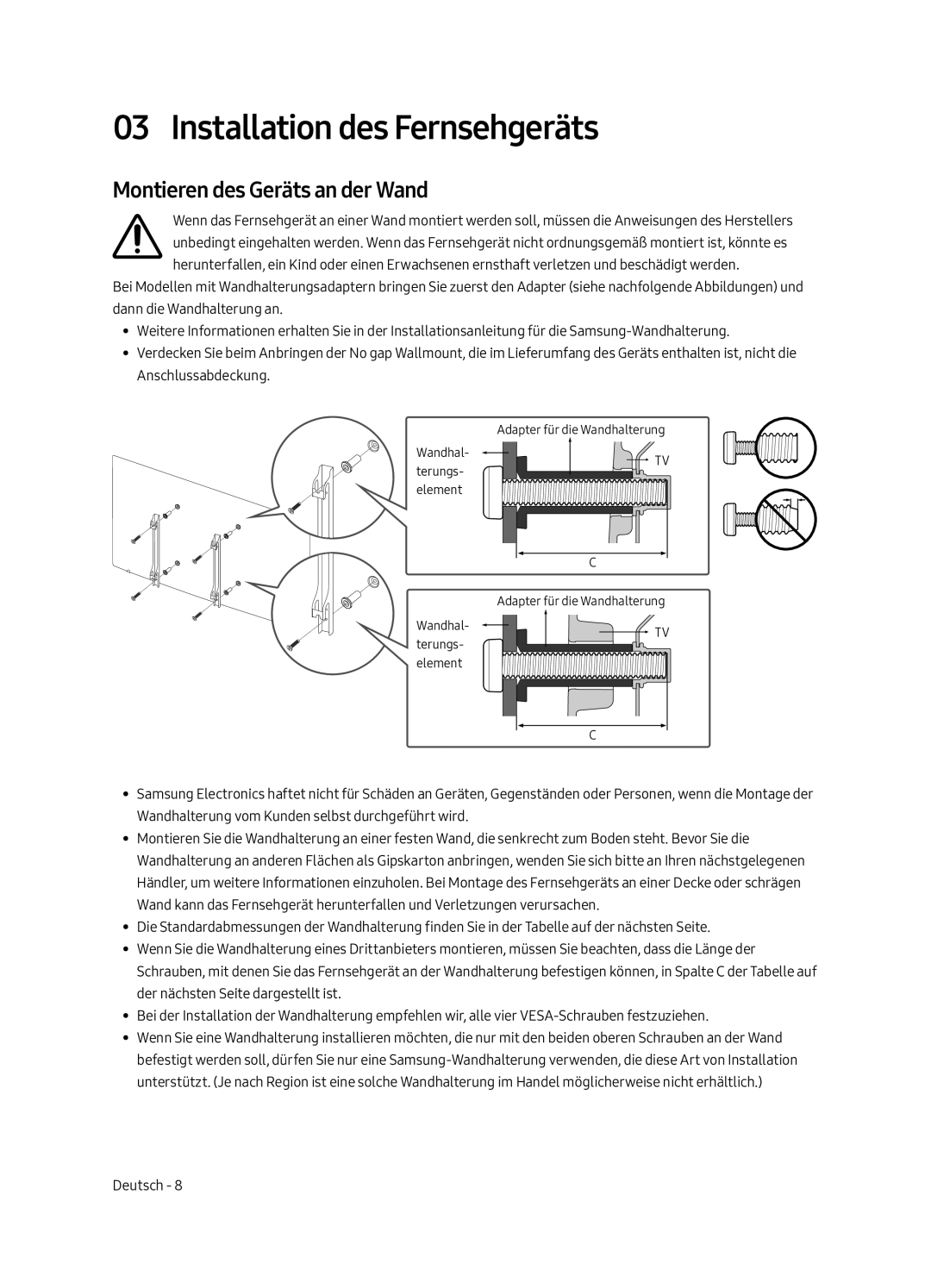 Samsung UE43LS003ASXXN manual Installation des Fernsehgeräts, Montieren des Geräts an der Wand 