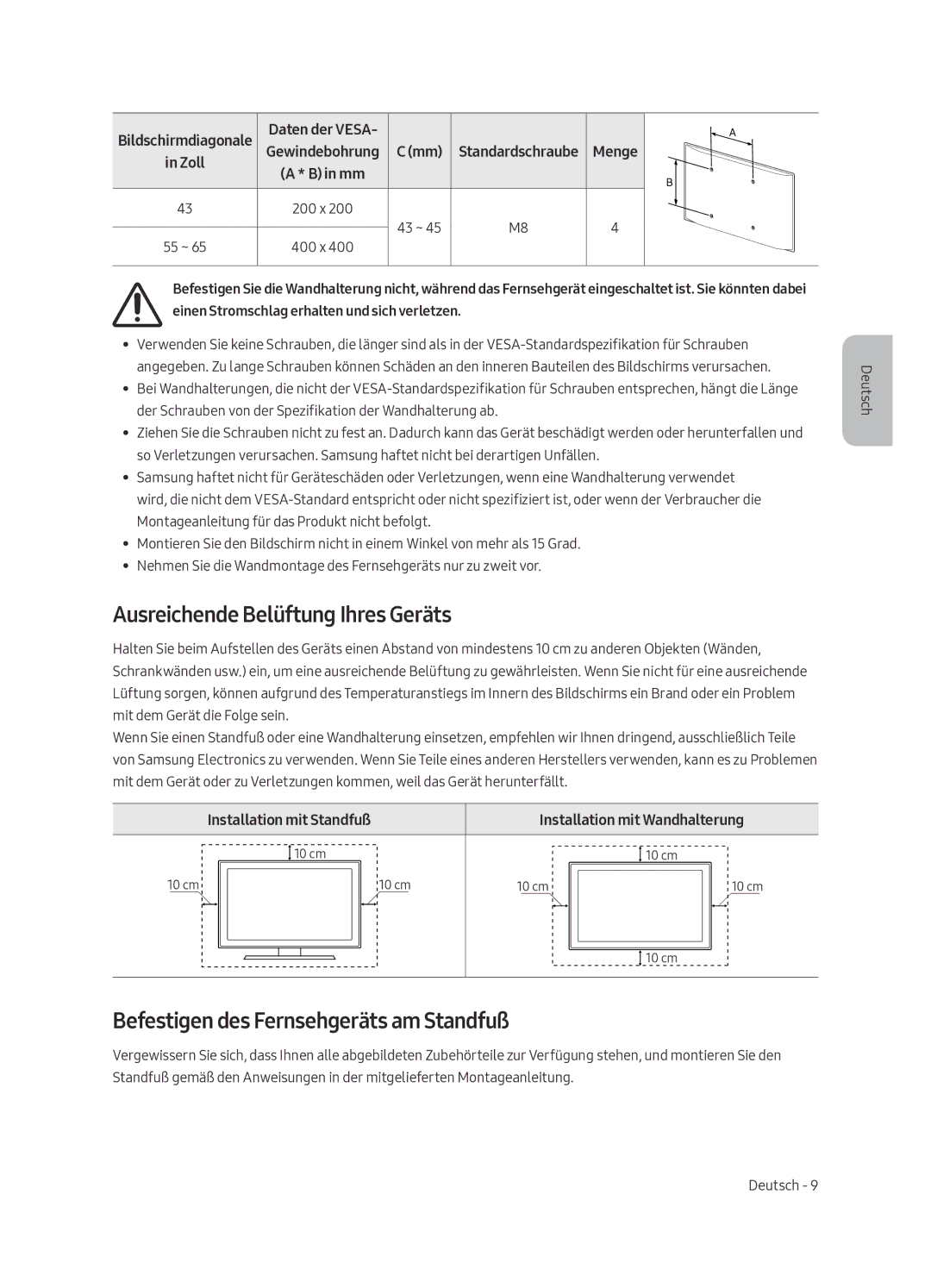 Samsung UE43LS003ASXXN manual Ausreichende Belüftung Ihres Geräts, Befestigen des Fernsehgeräts am Standfuß, Daten der Vesa 